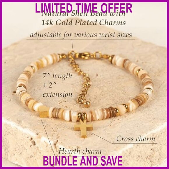 Natural Shell Beaded Bracelet with Cross Heart Charms Gold Plated Adjustable - Picture 3 of 7